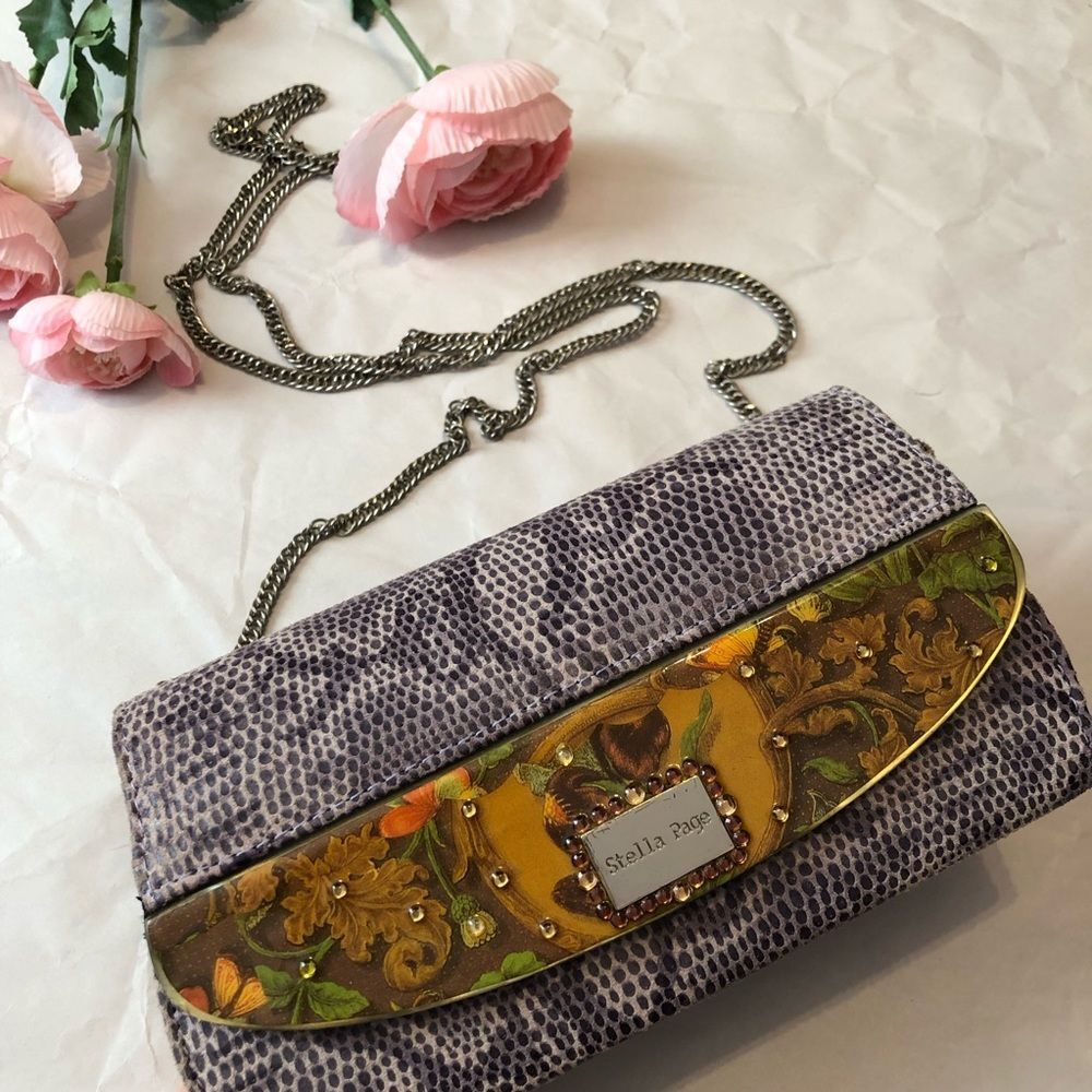 Stella Page floral laquer & snake chain crossbody mini bag / clutch 4773